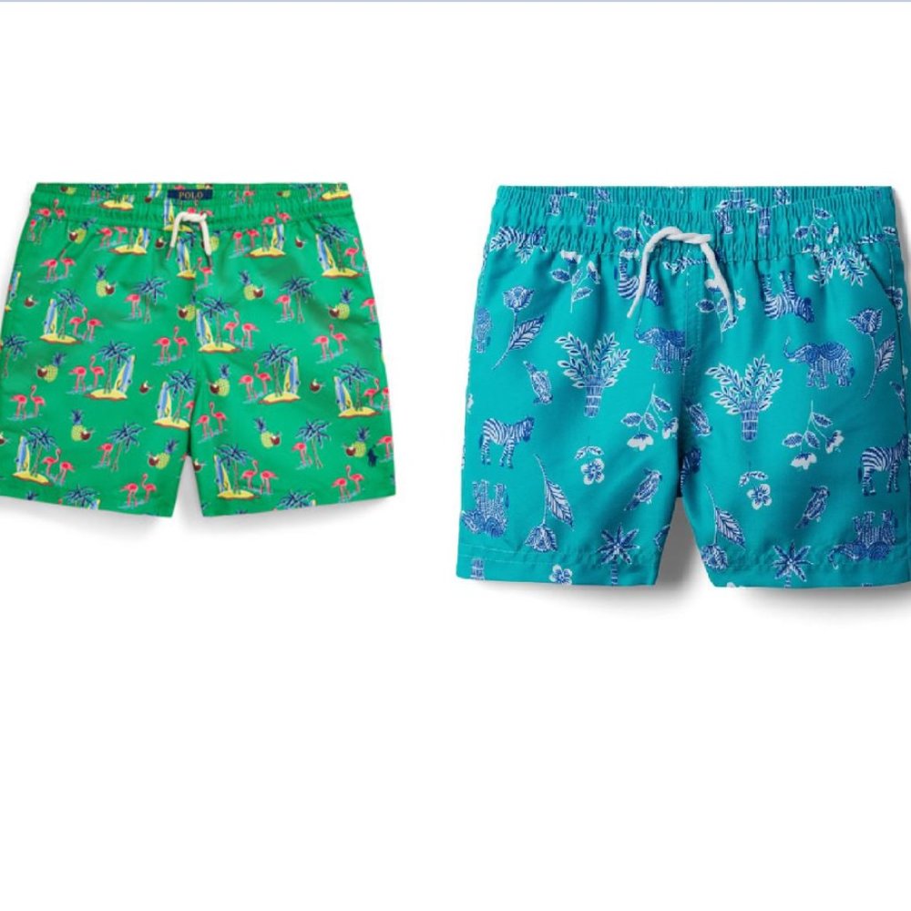 Polo Ralph Lauren Boys Green Flamingo Lined Drawstring Swim Trunks Set L 14/16